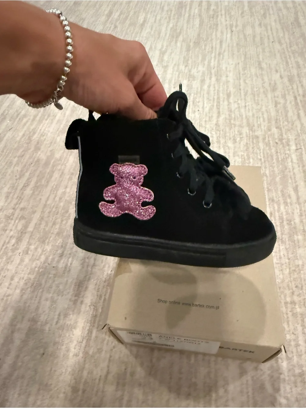 Bartek Kids Black Ankle Boots with Pink Bear Accent